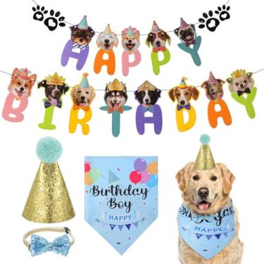 Imagem de Kifmurase Artigos de festa de aniversário para cães, decorações de feliz aniversário com chapéu, gravata borboleta azul, faixa bandana para cachorros, terno para cães pequenos, médios e grandes