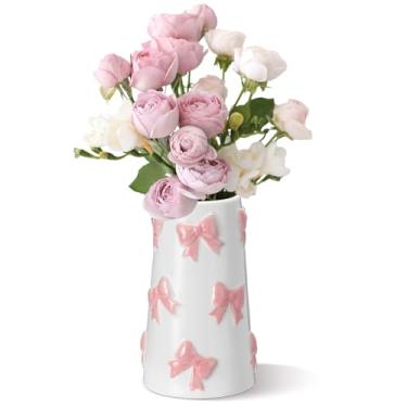 Imagem de Chunful Vaso com laço de 18 cm, branco, elegante, oval para decoração de casa, grande laço rosa, vasos de flores de boca larga para decoração de mesa de sala de estar, estética moderna, presentes para