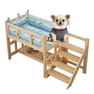 Imagem de TsoLay Cama para cães, 2 camadas, cama de madeira para cães, móveis elevados para cães com escadas e corrimão, tigela para cães pequenos e médios com moldura de madeira para cães e gatos