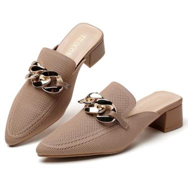 Imagem de Tilocow Sandálias femininas de salto grosso com corrente de metal para decoração de bico fechado para mulheres sem costas nuas, Corrente de malha marrom, 38