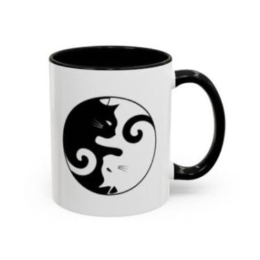 Imagem de Caneca de café de gato Yin Yang – Design fofo de gatinho preto e branco – Caneca com detalhes de cerâmica para amantes de gatos - Ideia de presente de aniversário e Natal (preta, 325 ml)