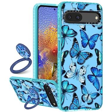 Imagem de Toycamp Capas de telefone para Google Pixel 6A azul | com suporte de anel, borboleta fofa, design de inseto de desenho animado, capa, para mulheres, meninas, meninos, adolescentes, estética, divertida