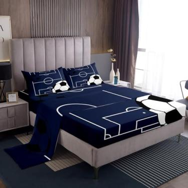 Imagem de Castle Fairy Jogo de lençol casal com estampa de bola de futebol 3D, campo azul marinho e 1 lençol de cima, 2 fronhas