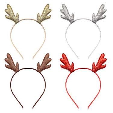 Imagem de Faixa de cabeça de rena de Natal com glitter, chifres de rena, tiara de cabelo de Natal, faixa de cabelo feminina, cervo, faixa de cabelo, argola, decoração de festa, cosplay, acessórios de cabelo fofos, pacote com 4, Colorful