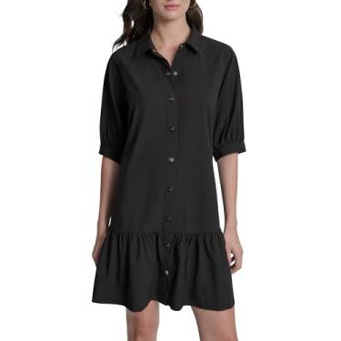 Imagem de DKNY Mini vestido feminino manga cotovelo gola gola babados bainha botão frontal, Preto, 44