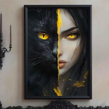 Imagem de Pintura abstrata em ouro preto abstrato rosto feminino arte de parede preto e amarelo imagens arte moderna para sala de estar quarto escritório impressão de gato engraçado imagem de rosto feminino