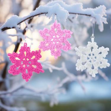 Imagem de Giegxin 12 peças de enfeite de floco de neve de crochê de Natal, enfeite de árvore de Natal decorativo boho feito à mão, acessórios para pendurar espelho de carro (rosa)