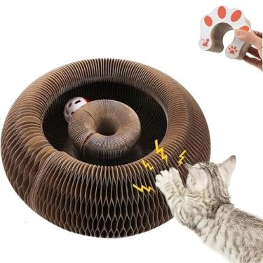 Imagem de Kitty Curls Tábua de arranhar gatos de papelão com órgão mágico com bola de sino, dobrável e reversível, brinquedo arranhador em forma de acordeão, exercício físico e mental para gatos em ambientes