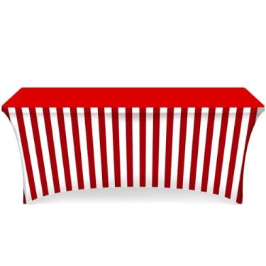 Imagem de Oudain Toalha de mesa de carnaval de 1,8 m listrada vermelha e branca de elastano, decoração de festa de circo de carnaval, listrada, capa de mesa elástica para mesas dobráveis padrão, decoração de