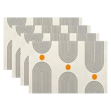 Imagem de Jogo americano Boho 30,5 x 45,7 cm, conjunto de 4, arte laranja preta de meados do século, decoração retangular, boêmio, moderno, abstrato, para festa, cozinha de casa, decoração de mesa de jantar
