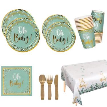 Imagem de 141 peças de artigos de festa para chá de bebê com vegetação de sálvia descartável OH, pratos de papel, guardanapos, copos, facas, colheres, garfos para meninos e meninas, decorações de festa de