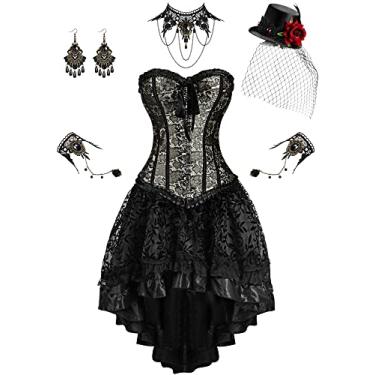 Imagem de Conjunto de saia e espartilho steampunk, conjunto de vestido renascentista, gótico, bustiê, meias vitorianas, brincos, pulseira, gargantilha de renda, cartola (GG)