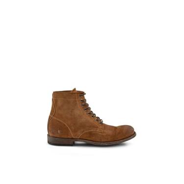 Imagem de Frye Botas masculinas Tyler com cadarço feitas de couro vintage macio com estrutura Blake, bico e salto polidos, e inserções de borracha nas solas de couro – altura do cano de 13,5 cm, Tan - Couro