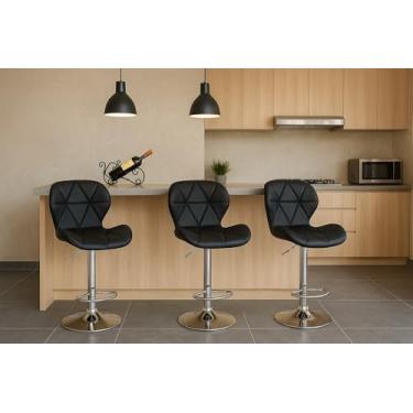 Imagem de Kit 3 Banquetas Altas Giratórias, Estofadas em PU Preto, Base Cromada, Altura Regulável, Design Moderno