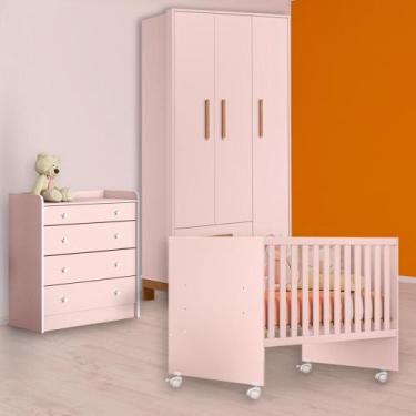 Imagem de Berço Reto, Cômoda Trocador e Guarda Roupa Slim Rosa - Qmovi