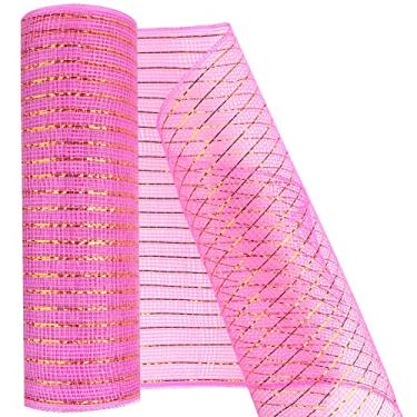 Imagem de MIKIMIQI Fita de malha de poliéster Deco Mesh de 25,4 cm x 9,4 m com coroa de malha metálica decorativa Suprimentos para grinaldas de primavera, grinaldas, artesanato, decoração de festa (rosa)
