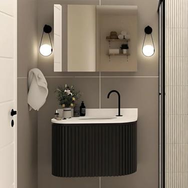 Imagem de Gabinete Banheiro Ripado Mdf com Curvo Cuba Ardósia Espelho (Preto/Branco)