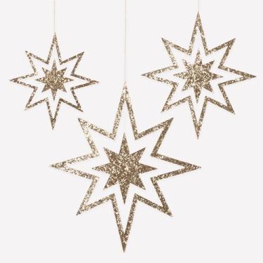 Imagem de Meri Meri Decorações de Natal de estrela de madeira com glitter grande (pacote com 3), 3 tamanhos, enfeites de Natal grandes, decorações reutilizáveis para pendurar, tamanhos de estrela: 27,3 cm, 36,5