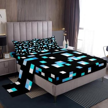 Imagem de Castle Fairy Jogo de lençol solteiro, quadrado azul mineiro, grade geométrica, 3 peças, para decoração de quarto de crianças, meninas, meninos, adolescentes, lençol com elástico estilo pixelado