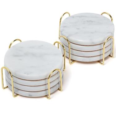 Imagem de YONGHEE Conjunto de 8 porta-copos de mármore com suporte, porta-copos elegantes e modernos de mármore branco redondo para decoração de mesa de café, porta-copos de pedra semiabsorvente para bebidas