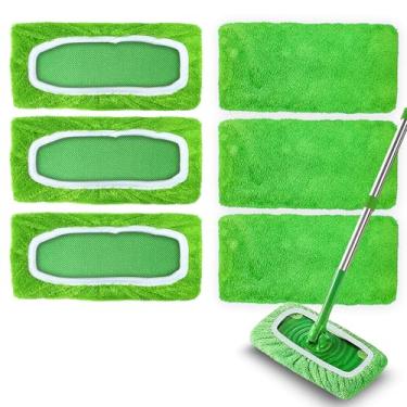 Imagem de Pacote com 6 almofadas de esfregão de microfibra reutilizáveis compatíveis com vassoura Swiffer, panos de varrer secos laváveis e refil de almofadas úmidas para limpeza de piso de superfície de
