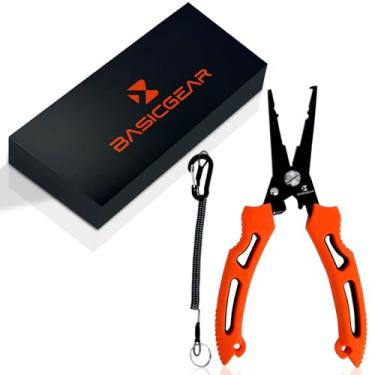 Imagem de BasicGear Alicate de pesca multifuncional - cabeça de aço inoxidável 420 com revestimento de teflon, mola e trava embutidas, cabo de borracha antiderrapante