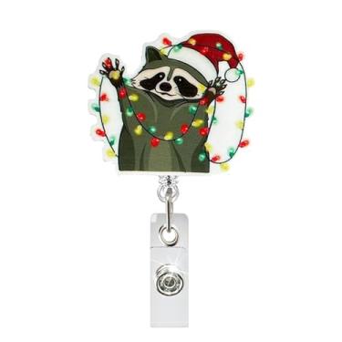 Imagem de JaoZuyard Suporte de crachá de guaxinim de Natal, clipe retrátil, carretel de crachá de animal engraçado, clipe de crachá fofo de inverno, etiqueta de nome de Natal, clipe de jacaré de acrílico para