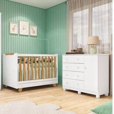 Imagem de Quarto de Bebê com Cômoda 1 Porta e Berço 4 em 1 Minicama 100% MDF Mike Espresso Móveis Branco Brilho/Amêndoa