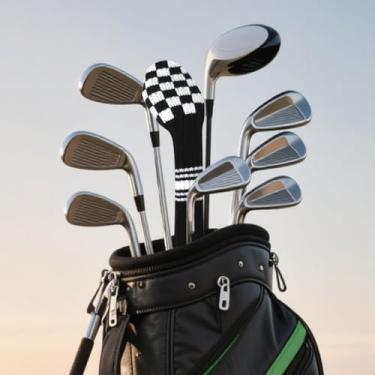 Imagem de 1 capa de malha para taco de golfe para madeira Hybird (UT) com etiquetas numéricas giratórias para homens e mulheres (tabuleiro de xadrez preto e branco