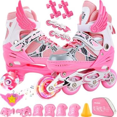 Imagem de 2 Em1 Patins Infantil Ajustável, Patins 4 Rodas, Patins Quad, Patins Infantil Menina, Ajustável com Bolsa e Kit Proteção, Para meninas, meninos e iniciante, Rosa P (28-32)