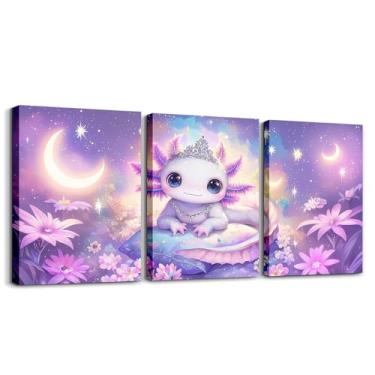 Imagem de Erosebridal Linda arte de parede em tela Axolotl roxo galáxia lua estrelas impressão floral axolote pinturas de parede estilo princesa imagens de arte para quarto sala de estar escritório 30,5 x 40,6