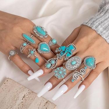 Imagem de Conjunto de anéis de pedra turquesa boho vintage, 14 peças, elegantes de cacto, para mulheres, acessórios ajustáveis exclusivos para uso diário