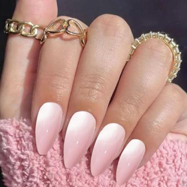 Imagem de Conjunto de unhas postiças em forma de amêndoa com efeito olho de gato com cola, comprimento médio, glitter (rosa gradiente, F)