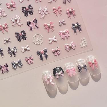 Imagem de Adesivo de arte de unhas em relevo 3D com laço rosa, design de lantejoulas de cristal, adesivo de poliuretano autoadesivo, inodoro, resina ABS, estilo casual para mãos e pés