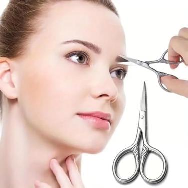 Imagem de Tesoura de bigode pequena, tesoura de pelos faciais com padrão bonito, corte de ponta reta de aço inoxidável, cuidados de beleza para sobrancelhas, barba, orelha, nariz, bigode (prata)