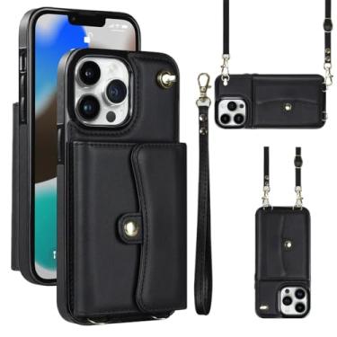 Imagem de Capa de telefone carteira crossbody com cordão para iPhone 15 14 13 12 11 Pro XS Max XR X Plus Capa com suporte para cartão Bolsa de couro, preta, para iPhone 13 Pro