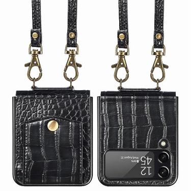 Imagem de Adequado para samsung zflip5 padrão de crocodilo cordão longo caixa do telefone móvel plugue titular do cartão capa protetora, T1, para Samsung Z Flip 4