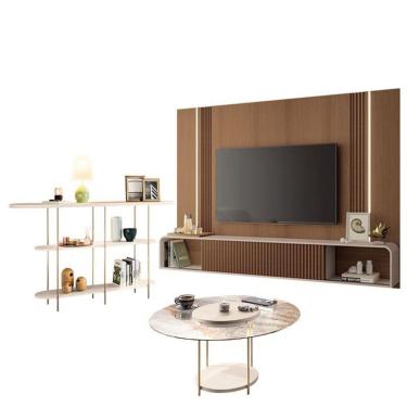 Imagem de Home Suspenso Empire Castanho Off White E Aparador Infinity E Mesa De Centro Sky Com Tampo De Vidro Off White- Hb Móveis