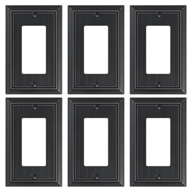 Imagem de Pacote com 6 capas decorativas clássicas para placa de parede, placas de interruptor decorativas pretas e tampas de tomada, placas de parede de fibra de bambu natural durável para tomadas elétricas