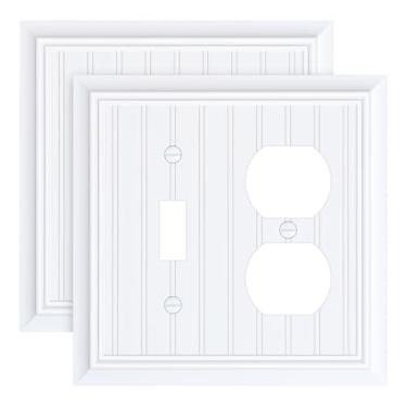 Imagem de Pacote com 2 placas clássicas para interruptores de luz, interruptor de luz duplex, placa de cobertura de tomada branca pura, fibra de bambu natural, capa decorativa de receptáculo de parede para