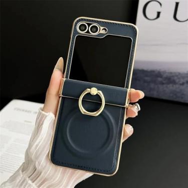 Imagem de Capa magnética com suporte de anel de couro para Galaxy Z Flip7 Flip 7 6 5 4 3, capa de proteção com dobradiça para Samsung Zflip7FE, azul escuro, para Galaxy Z Flip6