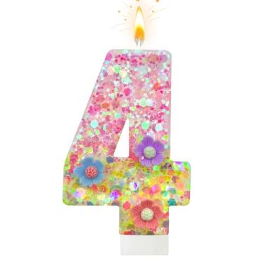 Imagem de Velas de aniversário de flores silvestres – Vela número 4 para topos de bolo, velas de macaron para decorações de festa temática doce, aniversário de casamento e outras celebrações (4 velas)