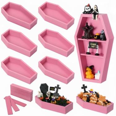 Imagem de Teenyyou 6 bandejas para servir caixão de Halloween, caixão de madeira, tábua de charcutaria, prateleira de bandeja de Halloween, decoração assustadora gótica para presente de festa de mesa, 18 cm