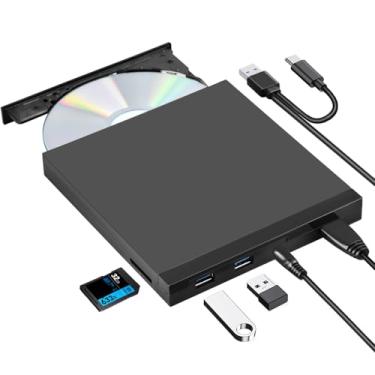 Imagem de ROOFULL Unidade externa de CD/DVD com slot para cartão SD e portas USB 3.0, leitor de DVD USB-C gravador de CD ROM/RW, leitor de disco óptico para laptop Windows 11, Mac MacBook, computador Linux