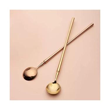 Imagem de Yalych Colheres de sopa chinesas 2 peças colher de mexer de cabo longo engrossada 304 aço inoxidável colher de sobremesa colher de sorvete multiuso colher versátil (cor: latão) colheres de talheres