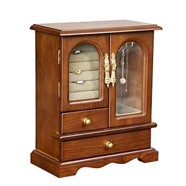 Imagem de Caixa de joias de madeira maciça para mulheres com porta de vidro e colar giratório, gancho, brincos, anéis, colares, estojo de armazenamento