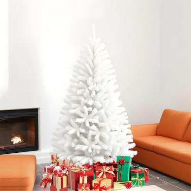 Imagem de MKSY Árvore de Natal artificial de 1,8 m, pinheiro artificial com dobradiças de alta qualidade com 720 galhos, suporte de metal para ambientes externos e internos (branco)