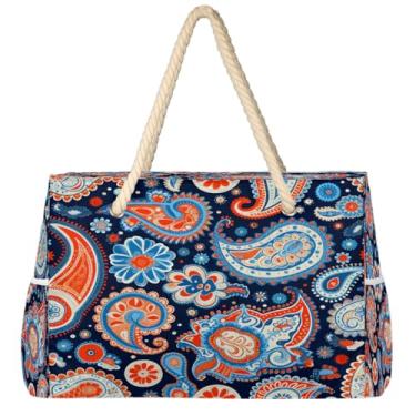 Imagem de hongjinglin Bolsa de praia grande, leve, dobrável, floral, paisley, amarela, bolsa de ombro, Cor 5, Large