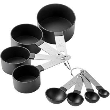 Imagem de Kit Medidor Culinário Premium, 8 Peças em Aço Inox e Plástico PP, Colheres e Xícaras Medidoras, Capacidade 2,5ml a 236ml, Livre de BPA (PRETO)
