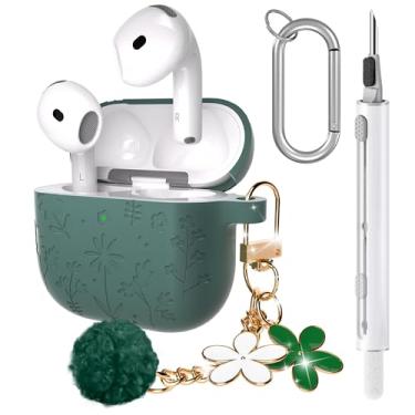 Imagem de Seltureone Capa fofa compatível com AirPods 4 com chaveiro de flor de cerejeira e kit de limpeza, capa de silicone macio à prova de choque com gravação de flores compatível com AirPod 4 - verde pinho